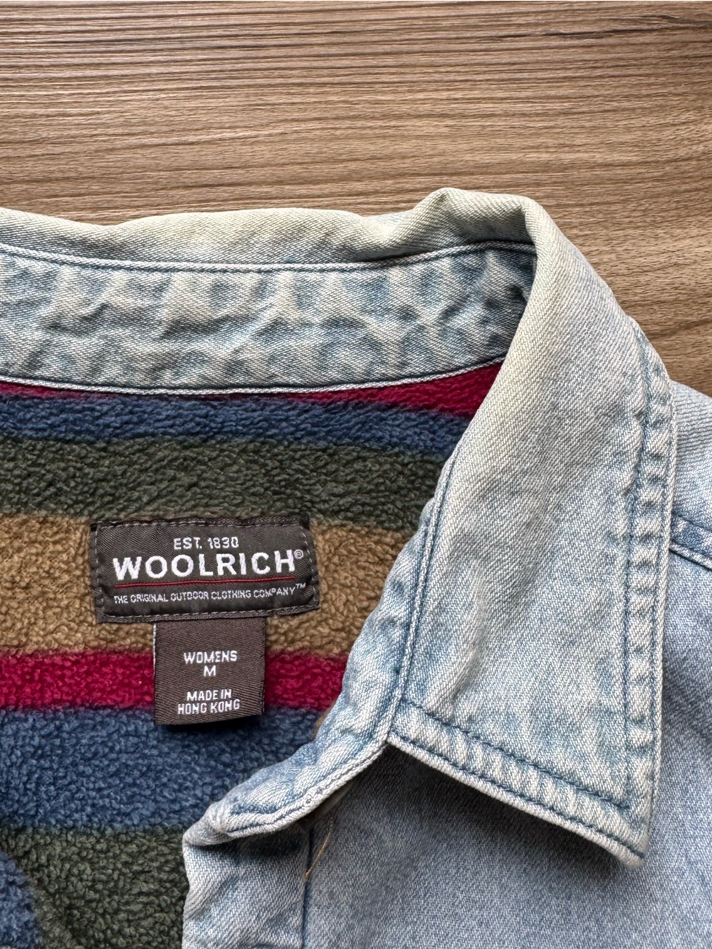 WOOLRICH vintage denim shirt jacket multi-colored stripe blanket lining size Med - Picture 10 of 14